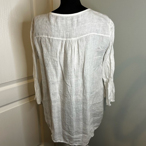Cream Boxy Linen Blend Flutter Sleeve Tunic with Mandarin Button Collar Pleats L - Picture 3 of 5